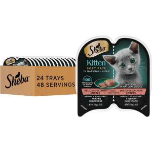 imageSheba Perfect Portions Kitten Wet Cat Food Pate Chicken Entree and Salmon Entree 26 oz TwinPack Trays 12 Count 24 Servings Pack of 2Salmon