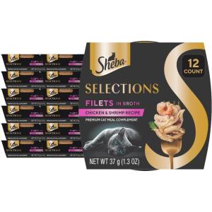 imageSheba Selections Filets in Broth Adult Wet Cat Meal Complement Chicken ampamp Tuna Recipe 13 oz Cups 12 CountChicken and Shrimp