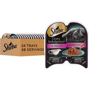imageSheba Gravy Indulgence Adult Wet Cat Food Salmon Entree and Whitefish Entree in Extra Gravy Variety Pack 26 oz TwinPack Trays 12 Count 24 Servings Pack of 2Salmon