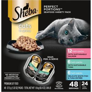 imageSheba Perfect Portions Wet Cat Food Cuts in Gravy Variety Pack Roasted Chicken Entree with Sustainable Tuna and Tender Turkey Entree 26 oz TwinPack Trays 36 Count 72 ServingsSalmon  Tuna  Whitefish