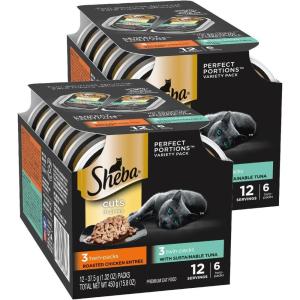 imageSheba Perfect Portions Wet Cat Food Cuts in Gravy Variety Pack Roasted Chicken Entree with Sustainable Tuna and Tender Turkey Entree 26 oz TwinPack Trays 36 Count 72 ServingsChicken  Tuna