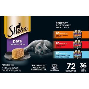 imageSheba Perfect Portions Wet Cat Food Pate with Sustainable Salmon Signature Seafood Entree and Tender Whitefish and Tuna Entree Variety Pack 26 oz Twin Pack Trays 24 Count 48 ServingsChicken  Beef  Whitefish  Tuna