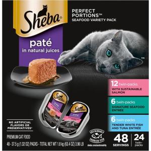 imageSheba Perfect Portions Wet Cat Food Pate with Sustainable Salmon Signature Seafood Entree and Tender Whitefish and Tuna Entree Variety Pack 26 oz Twin Pack Trays 24 Count 48 ServingsSeafood