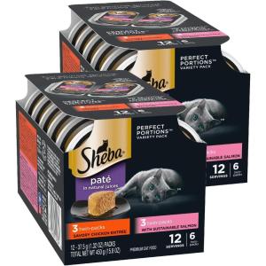 imageSheba Perfect Portions Wet Cat Food Pate with Sustainable Salmon Signature Seafood Entree and Tender Whitefish and Tuna Entree Variety Pack 26 oz Twin Pack Trays 24 Count 48 ServingsChicken  Salmon