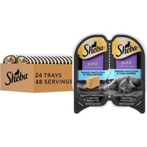 imageSheba Perfect Portions Wet Cat Food Pate Savory Chicken Entree 26 oz TwinPack Trays 24 Count 48 ServingsWhitefish  Tuna
